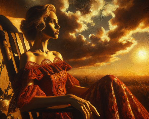 Woman in Red Dress Seated in Rocking Chair at Sunset