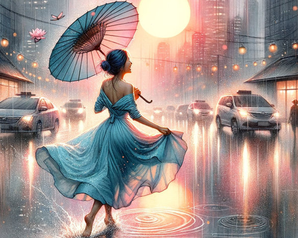 Woman in blue dress twirls in the rain with umbrella