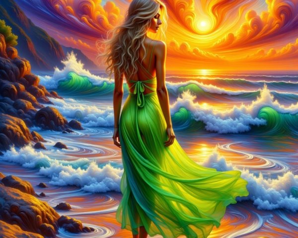 Sunset Scene with Woman in Green Dress on Beach