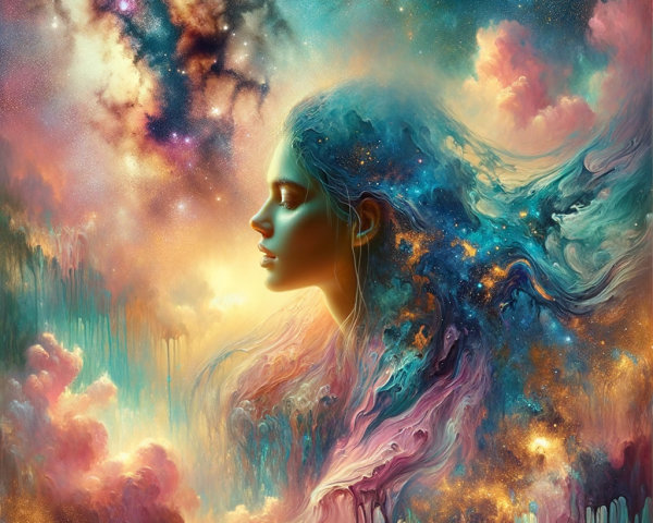 Surreal Woman's Profile Merged with Cosmic Landscape