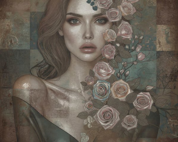 Digital Portrait of a Woman with Floral Garland