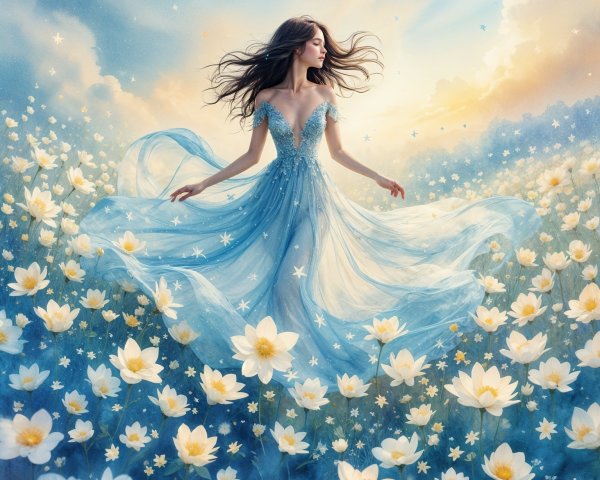 Young Woman in Blue Gown Twirling in Flower Field
