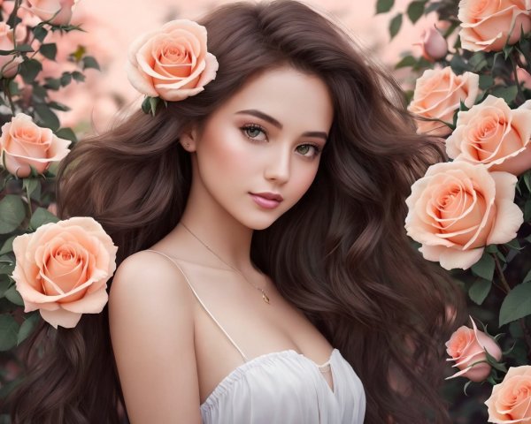 Woman in a white dress surrounded by peach roses