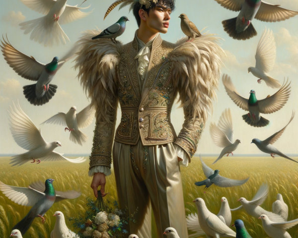 Ornate Feathered Outfit in Vibrant Field Scene