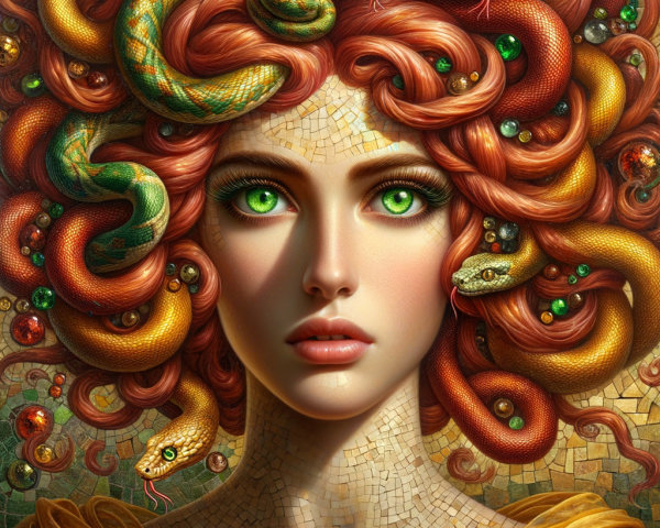 Portrait of a woman with red hair and snake details