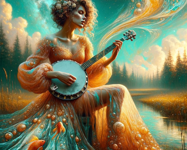Serene Figure Playing Banjo by a Shimmering River