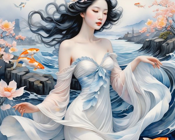 Graceful Woman in White Dress by Water and Blossoms