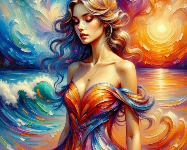 Serene Woman in Colorful Dress Against Sunset Background