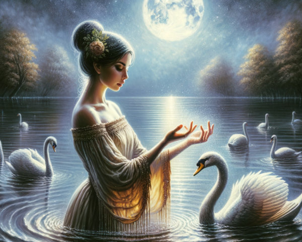 Moonlit Lake Scene with Woman and Swans