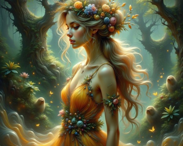 Serene Woman in Ethereal Forest with Floral Crown