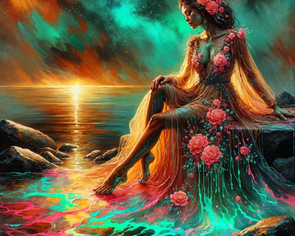 Majestic Figure in Flowing Gown by Rocky Shore