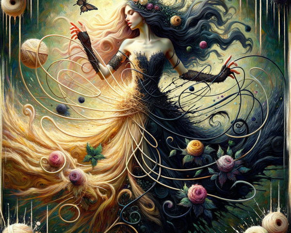 Fantastical Figure Surrounded by Colorful Threads and Flowers