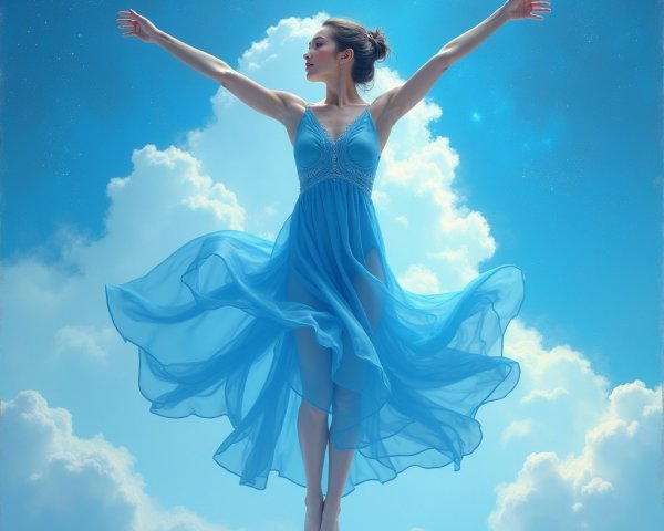 Woman in Blue Dress Leaping Against Cloudy Sky