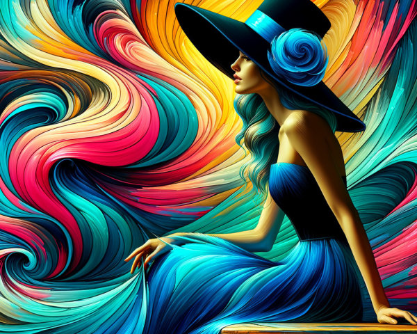 Stylish Woman in Blue Dress Against Colorful Backdrop