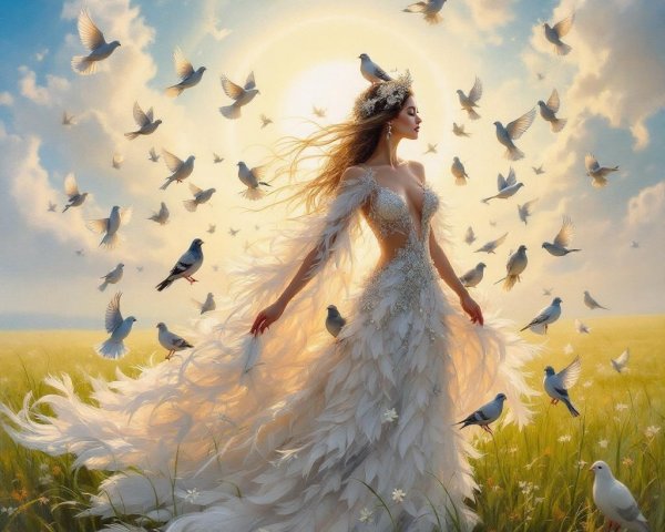 Ethereal Figure in Sunlit Meadow with Doves
