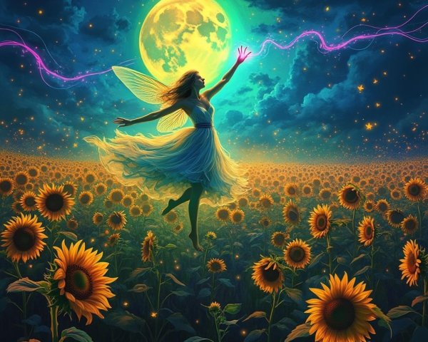 Fairy Dancing Under Full Moon in Sunflower Field