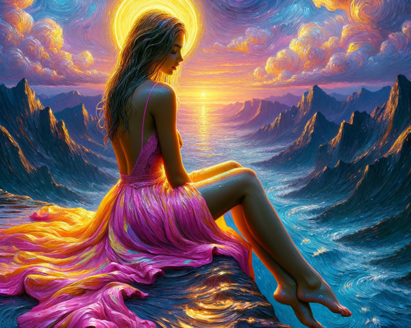 Serene Figure on Rocky Ledge at Sunset Over Ocean