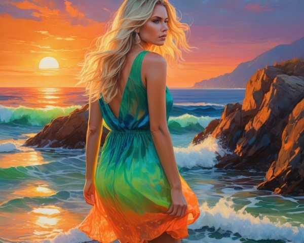 Serene sunset with vibrant colors and a young woman