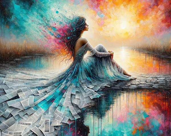 Serene Figure by Shimmering Waterway at Sunset