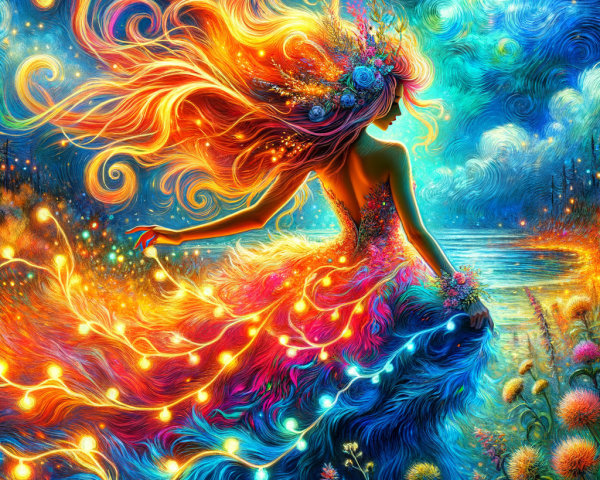 Vibrant Ethereal Figure in Dreamy Night Sky Scene
