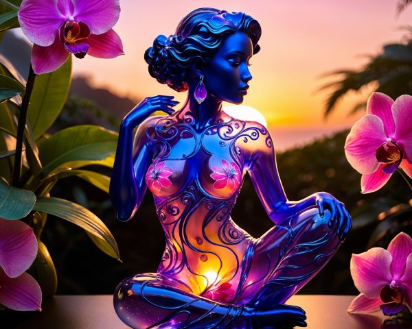 Glass Sculpture of Seated Woman with Floral Motifs