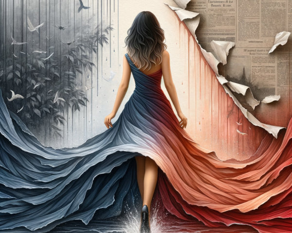 Woman in Long Dress Walking Through Water with Art Contrast