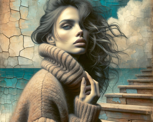 Portrait of a Woman in a Cozy Sweater with Ocean Background