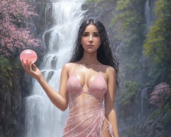 Serene Waterfall with Young Woman in Pink Dress