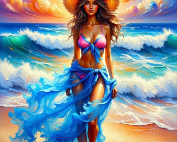Young Woman in Colorful Bikini at Vibrant Beach Sunset