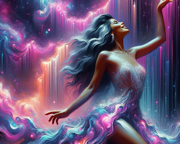 Mystical Figure Dancing in a Cosmic Landscape