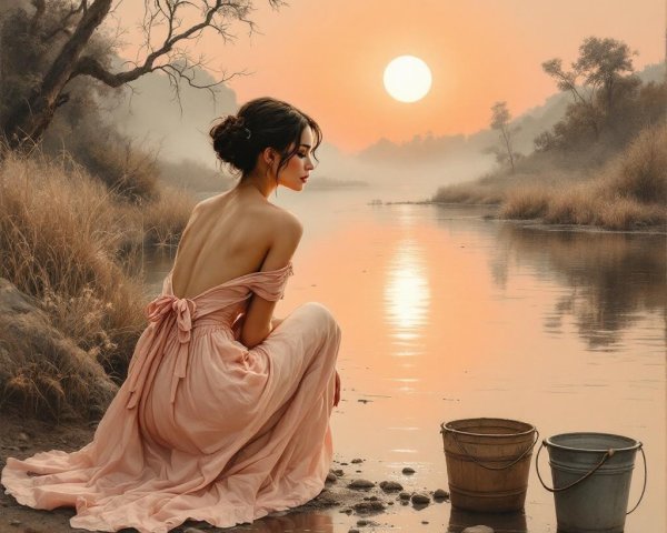 Serene River Sunset with Woman in Pink Dress