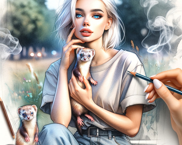 Illustration of a Young Woman with Ferrets Outdoors