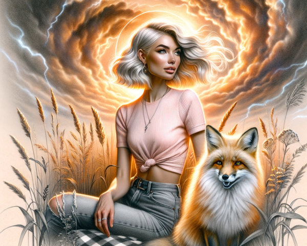 Young Woman and Fox in Dramatic Grass Setting