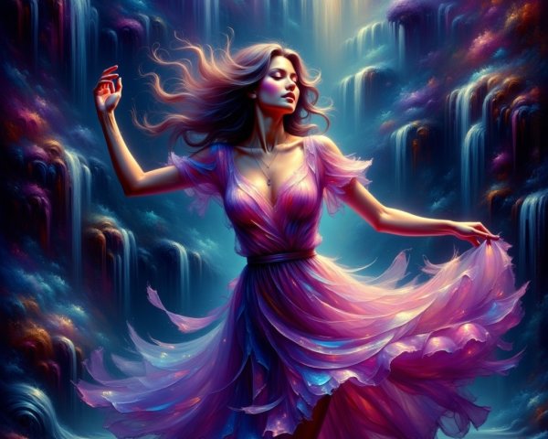 Woman in pink dress dances near ethereal waterfalls