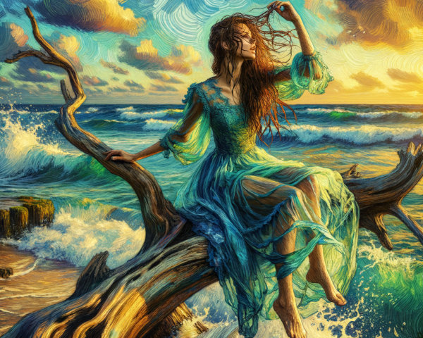 Woman in Teal Dress by the Ocean at Sunset