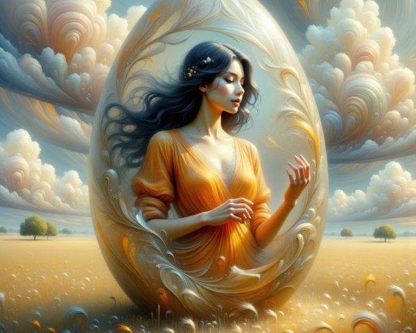Woman in Orange Dress Inside Ornate Egg with Clouds