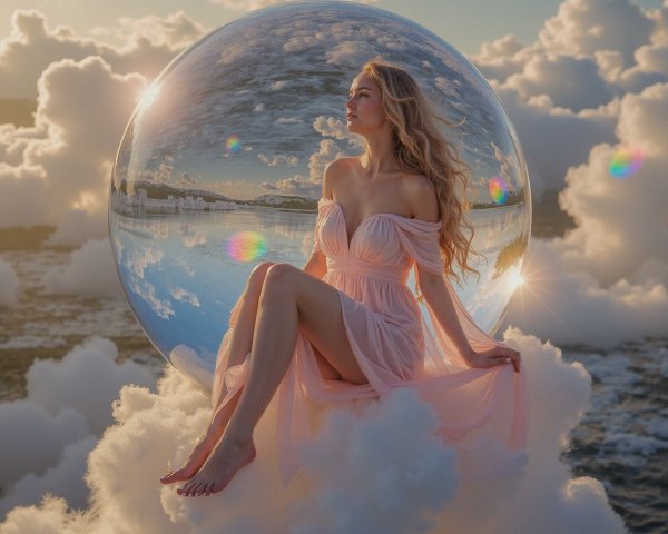Woman on Cloud with Reflective Orb in Ethereal Scene
