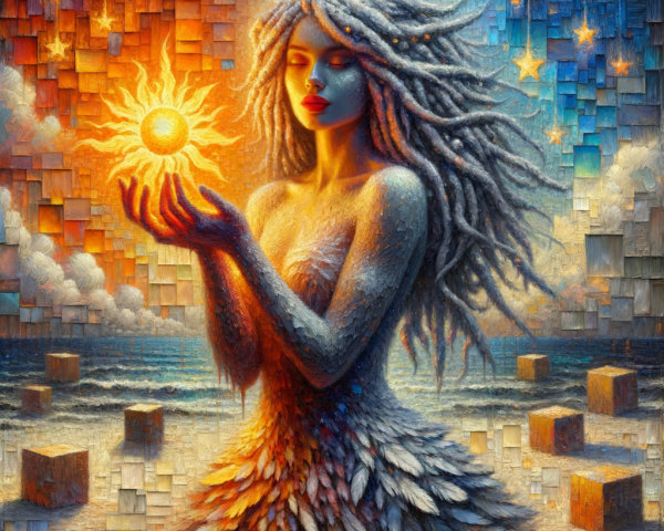 Mystical Figure with Sun on Shoreline Background