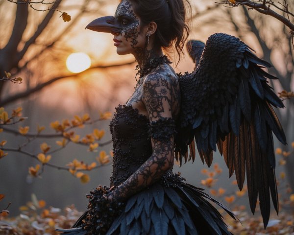 Crow-inspired Costume in a Mystical Sunset Forest