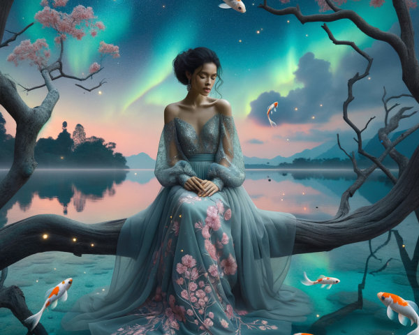 Woman in blue gown by water with auroras and koi fish