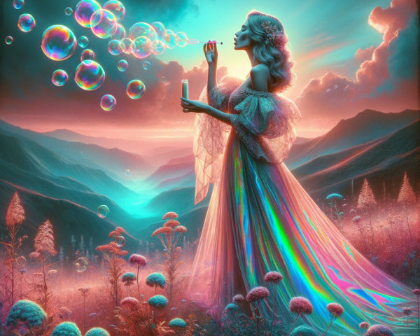 Dreamlike Scene of Woman in Ethereal Gown with Bubbles