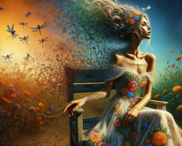 Serene Woman in Floral Gown Surrounded by Nature