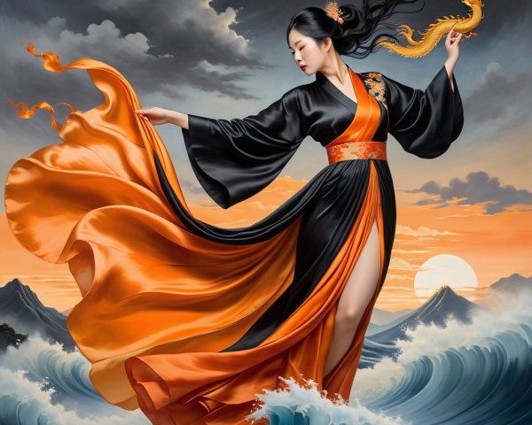Woman in Black and Orange Dress with Golden Dragon