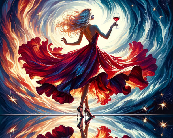 Elegant Figure in Red Gown Amid Cosmic Swirl