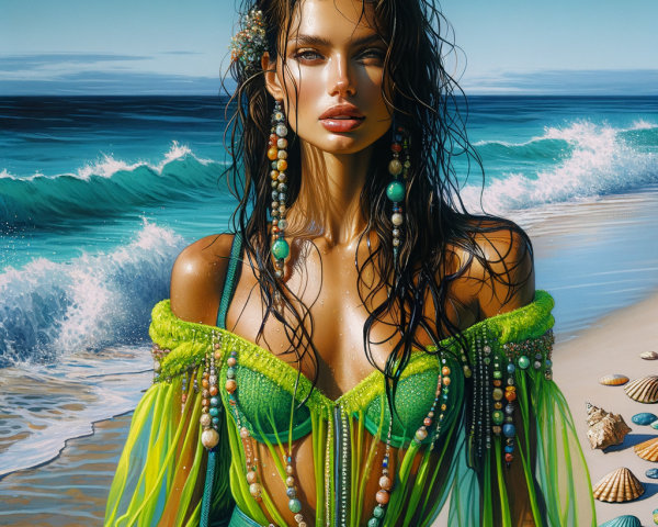 Glamorous Woman in Green Outfit on Tropical Beach