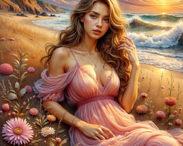 Serene Beach Scene at Sunset with Vibrant Flowers
