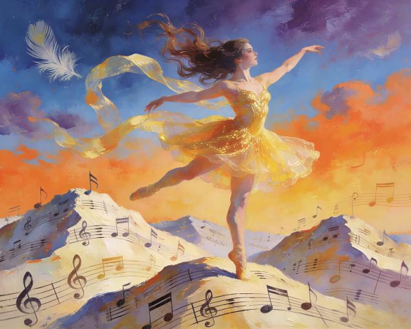 Ballerina in Golden Tutu Against Dreamlike Landscape