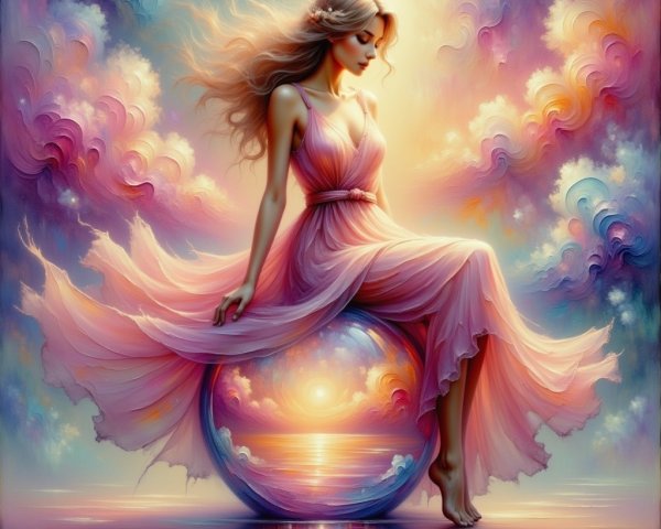 Woman in Pink Dress on Shimmering Sphere at Sunset