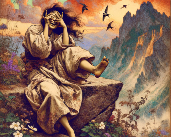 Serene figure atop rock in vibrant natural setting