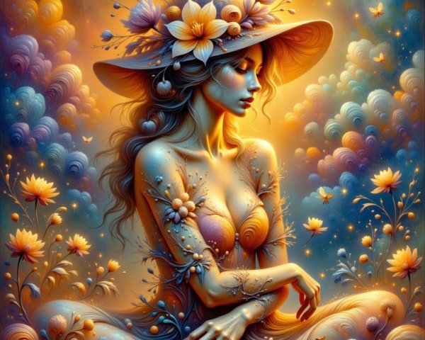 Serene figure with flowers in ethereal cloud setting